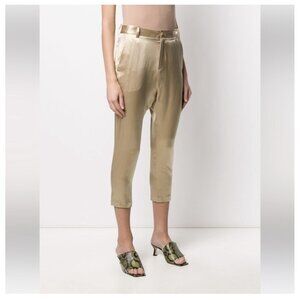 Nili Lotan Gold Silk Ankle Drop Crotch Cropped Pants $690, Size 10